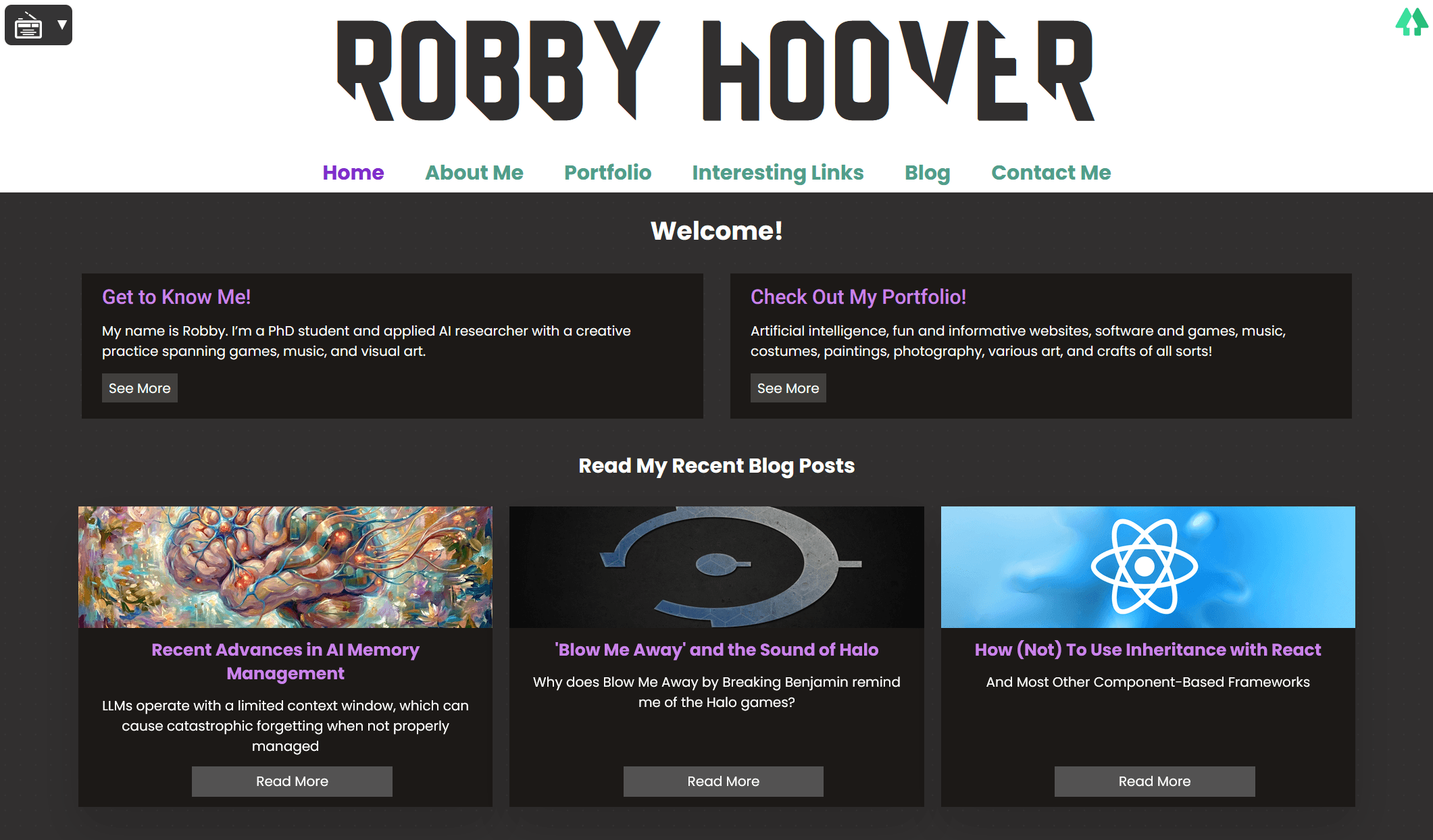 The home page of Robby Hoover's personal portfolio website